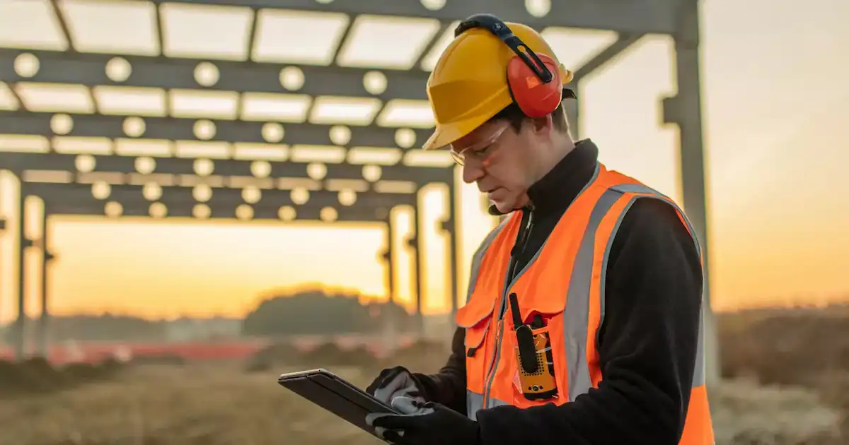 Worker wearing a hard hat and safety vest on a work site using a tablet.
