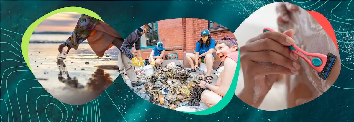 Snokeller surrounded by fish and plastic pollution