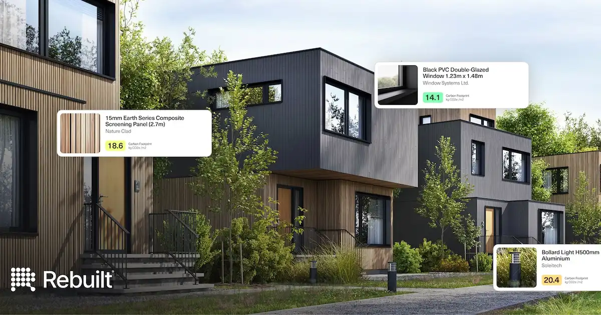 A building showing the carbon footprint of different materials used in its construction.