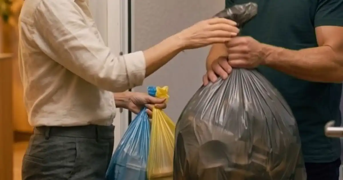 TOTE courier collecting recycling and waste bags from an apartment resident.