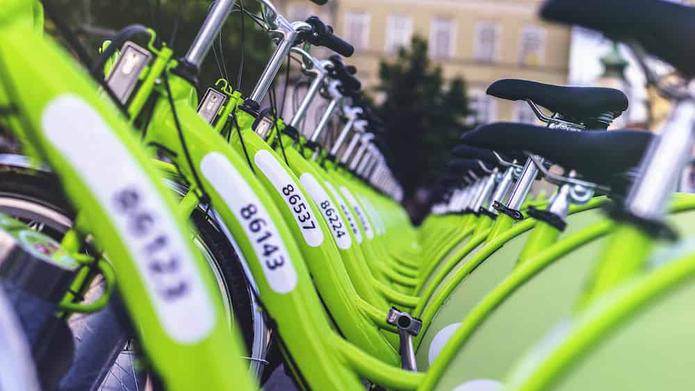 Collection of lime green bike share bikes
