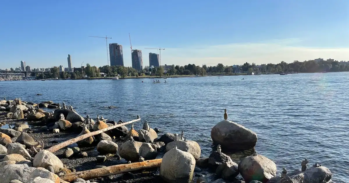 Stones piled on the shore at English Bay, Vancouver, Canada